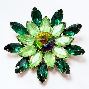 Vintage 1950 Watermelon Vitrail Rivoli Brooch UV Reactive Vaseline Glass Pin